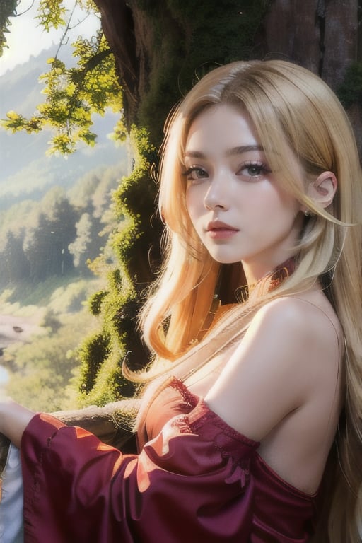 a lovely painting of a girl in the forest with summer reason, beauty,Arab,blonde long hair,Btflindngds.,Indian,