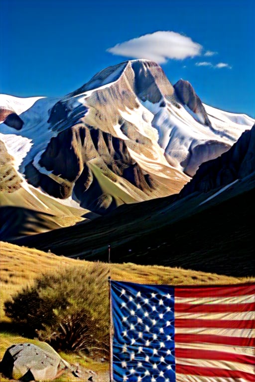 Design an American flag shaped as a mountains. You should be clearly able to see the american flag and the shape of the mountains
