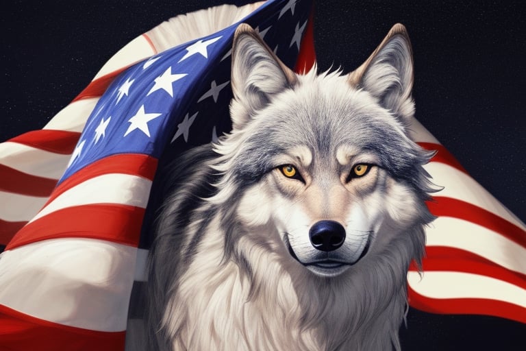 Design a stylized version of the American flag in the shape of a wolf, with the stars embedded in its fur and the stripes flowing along its body. Use bold colors to enhance the overall composition.
