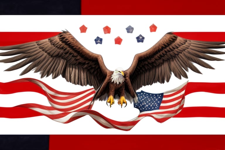 Create an artistic representation of an American flag where the stripes form the body and wings of an American Bald Eagle. Incorporate the stars into the eagle's feathers.
