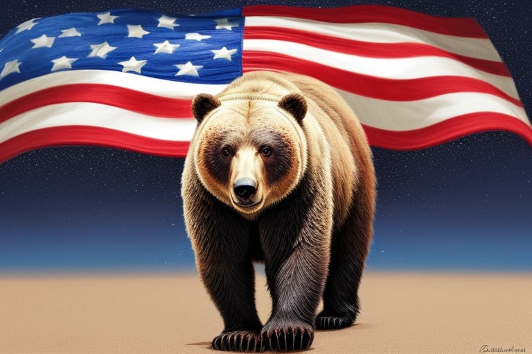 
Draw an American flag where a bear is depicted walking across a background of stars and stripes. Incorporate intricate patterns and textures to bring the artwork to life.
