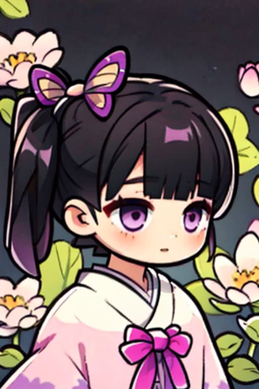 kanao,wear the kanao costume,black hair,purple eyes,cute,tiny girl,japanese,kimetsu no yaiba,not tied,purple Eyes,,there is a hint of black under his hair,where there are lots of flowers,till,cute,cosplayphoto,cutegirl,chuuChloe,not tied,chibi,he has purple in his hair,4d,kanaotsuyuri