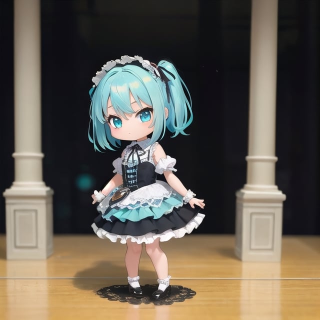 (masterpiece), full body, petite, (chibi), 1girl, solo, aqua hair color, medium hair, multicolored hair, blue eyes, depth of field,  (aqua shirt:1.2), black skirt, lace, frills, lace rims, frilled sleeves, frilled skirt, jirai, jiraikei, lolita fashion, 
city ​​background, night, indoor, sci-fi, dress