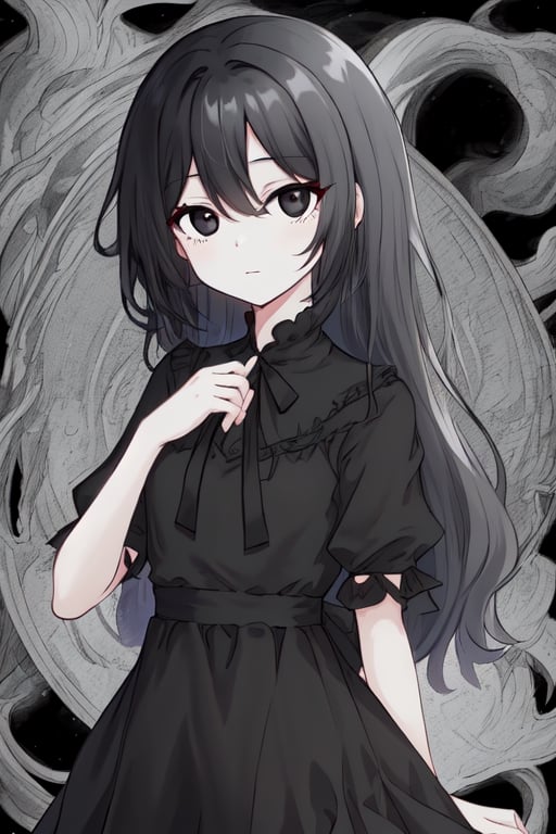 nake girl sye ((ha)),perfect,long black hair,black eyes,dress black white,background darkside