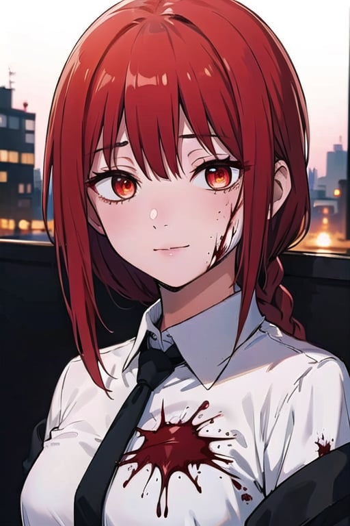 (masterpiece), best quality, high resolution, highly detailed, detailed background, perfect lighting, 1girl, bangs, medium breasts, blouse, red hair, ,csm anime style, red eyes, blood, blood in face, city, | wear black tie |,makima \(chainsaw man\)