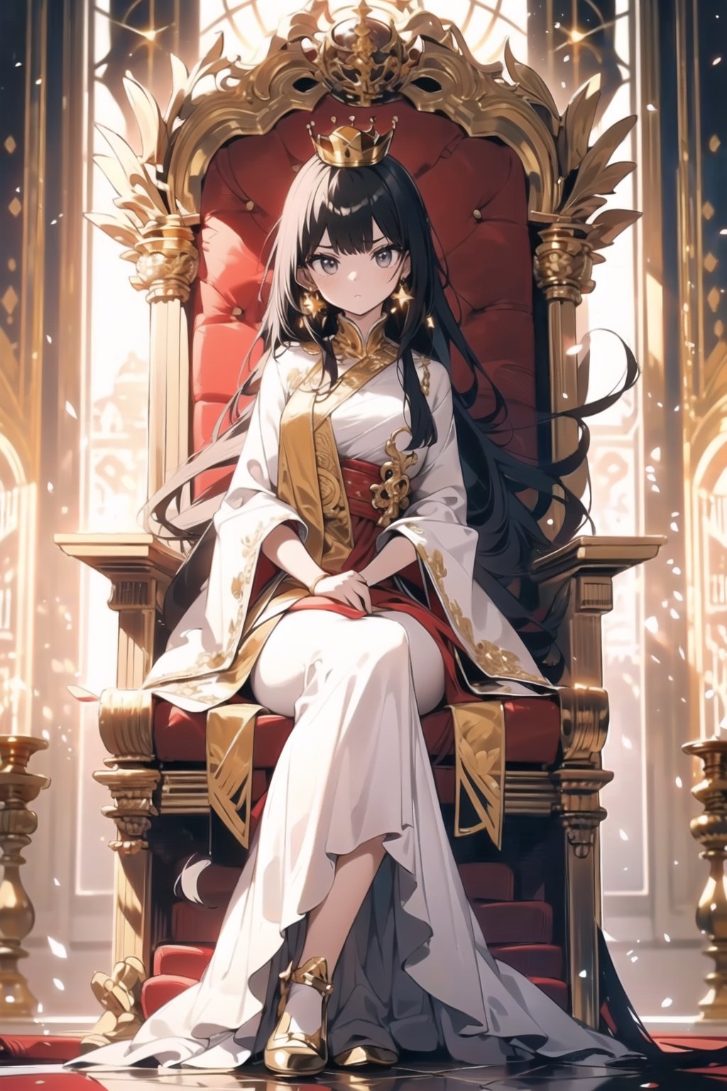 One girl(adult woman, on the throne), black long hair, black eye , serious face, medium breast, masterpiece,  best quality,  high quality, chlotes( long royal dress (golden, red, black), crown (gold/black), earrings  (dress:1.3)), background (Royale throne room ,big hall , little stairs, ground whit throne, throne (gold/black), shining light from the up)
