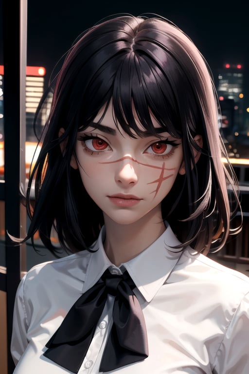 (masterpiece), best quality, high resolution, highly detailed, detailed background, perfect lighting, 1girl, bangs, medium breasts, blouse, black hair, ,csm anime style, red eyes, blood, blood in face, city, yoru \(chainsaw man\)