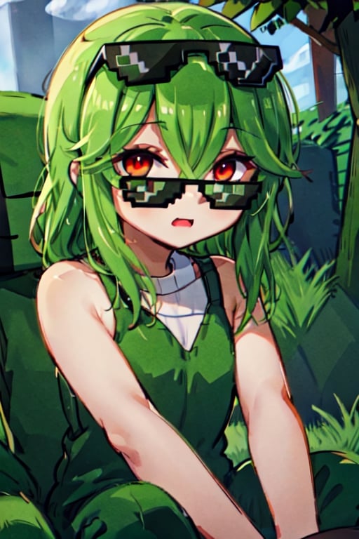 red eyes green hair wearing a long black enderman Beautiful girl with long hair black shiny eyes She is radiant in the morning in the direction of the image sitting, cute eyes, big eyes,incrsdealwithit,wear sunglasses,cupa_minecraft,mccreeper