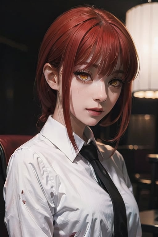 (masterpiece), best quality, high resolution, highly detailed, detailed background, perfect lighting, 1girl, bangs, medium breasts, blouse, red hair, ,csm anime style, red eyes, blood, blood in face, city, | wear black tie |,makima \(chainsaw man\),makima\(chainsaw man\),makimacsm