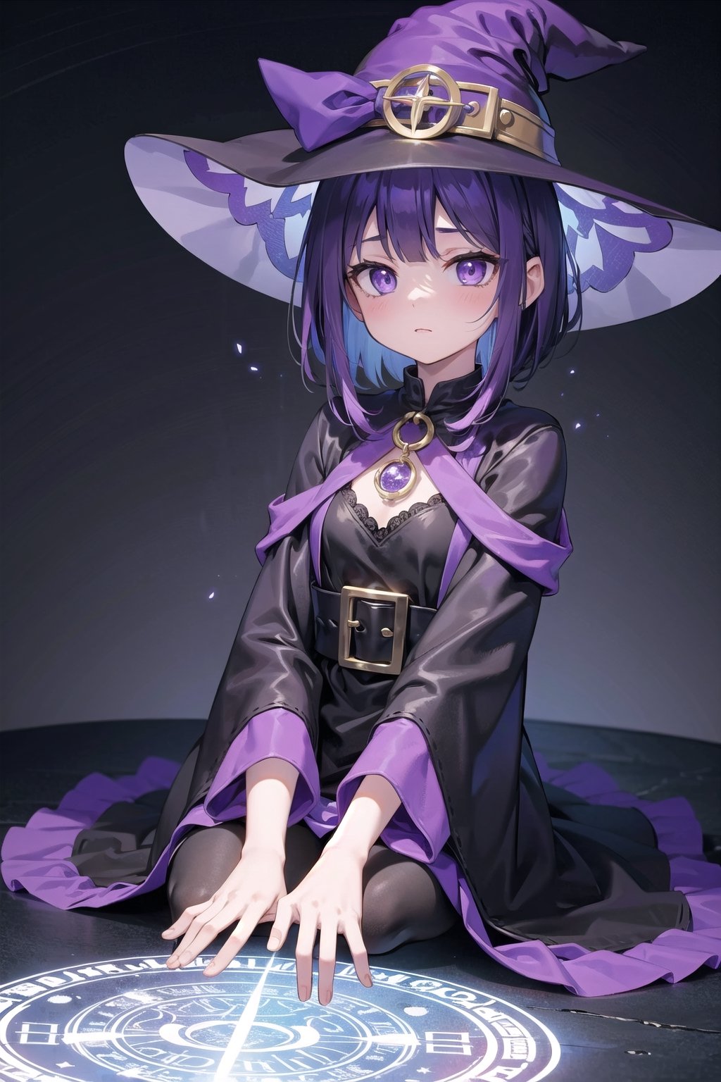 (masterpiece), 1girl, witch, magic circle, light particles,dark purple hair,purple_eyes, no humans