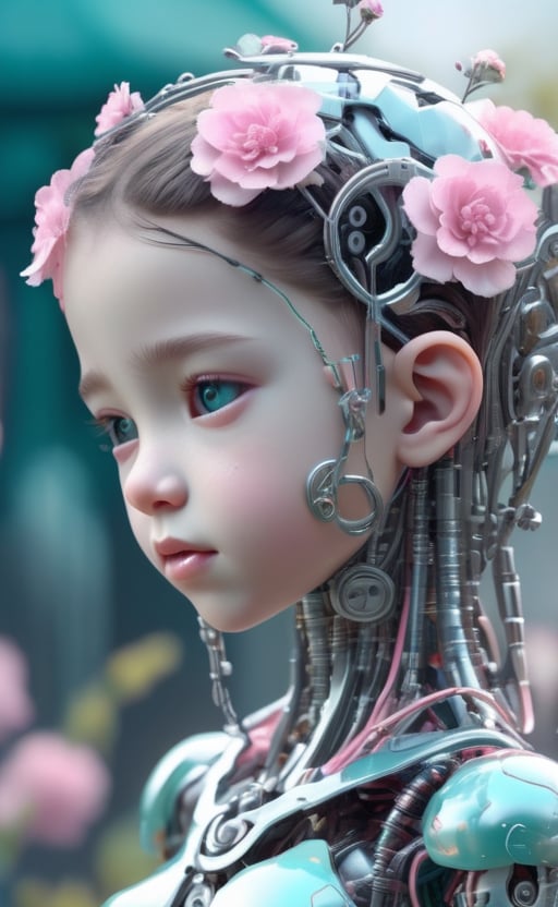 figure of biomechanical cyborg little girl made of glass, transparent, see-through intricated interal mechanical metal part, metal array, hi-tech, sci-fi, difficult, chip, circuit, post-production, elegan, teal and pearl white , ((She was picking pink flowers)) ,flower garden, outdoor,high_res,cyborg style