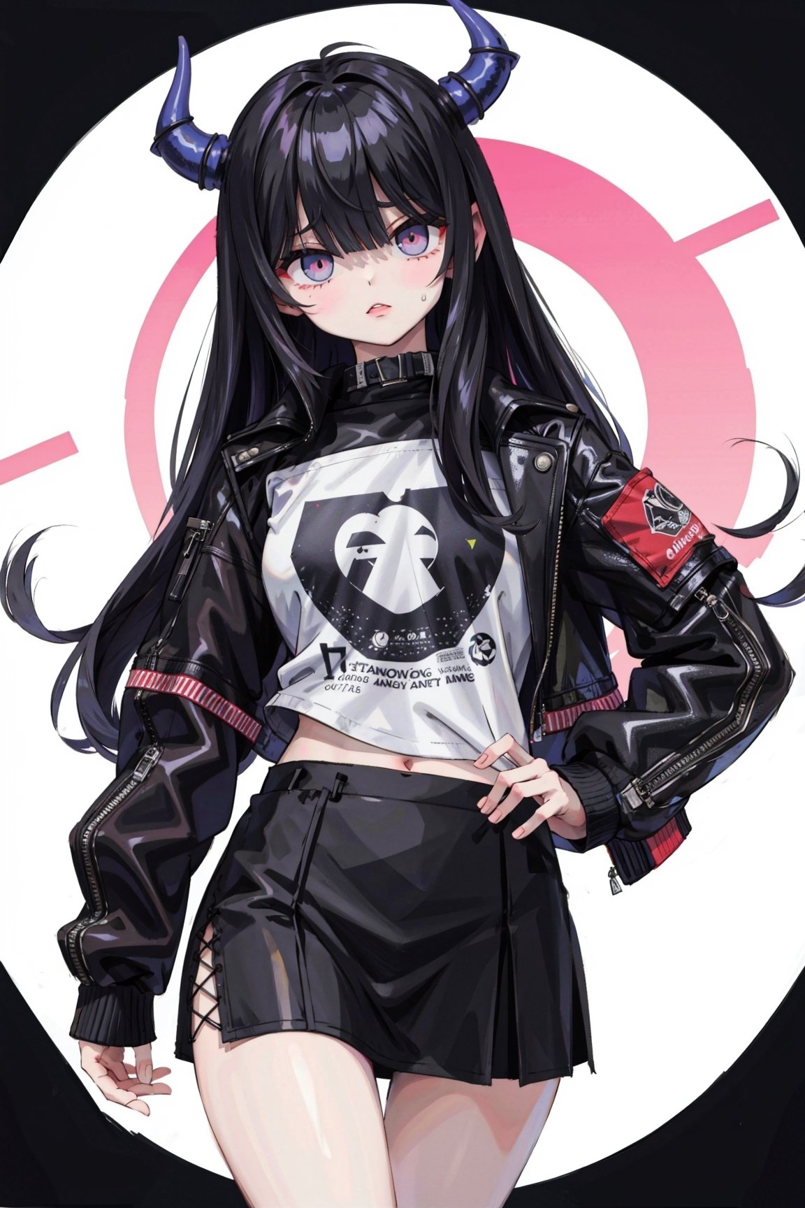 (Masterpiece) (high resolution :1.3) (female 1),,Long Hair,,black hair,,black t-shirt,,black short skirt :1.3,,white jacket,,black horns,,,( background modern :1,3 ),, blue city,, pink white moon,, a woman,Hair over eyes,long bangs reaching the eyes,blank eyes,
middle bangs