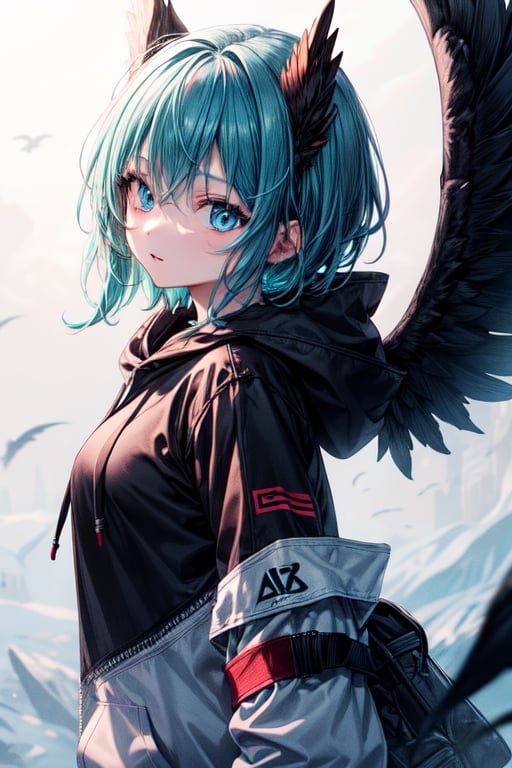 1girl, solo,blue eyes,black wings,hoodie,aqua hair,short_hair 