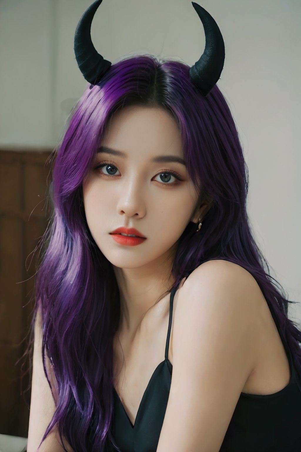 vivid girl,purple hair, purple eye,FilmGirl,aesthetic portrait,long hair,have black devil ears