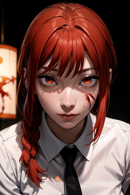 (masterpiece), best quality, high resolution, highly detailed, detailed background, perfect lighting, 1girl, bangs, medium breasts, blouse, red hair, ,csm anime style, red eyes, blood, blood in face, city, | wear black tie |,makima \(chainsaw man\),makima\(chainsaw man\),makimacsm