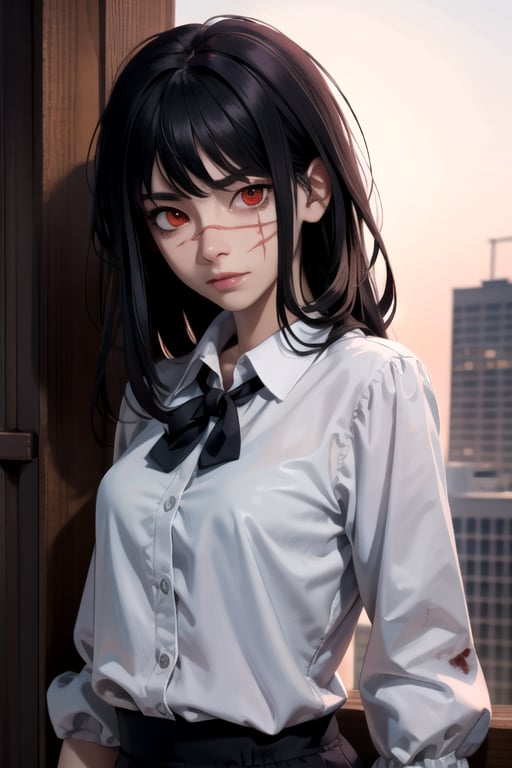 (masterpiece), best quality, high resolution, highly detailed, detailed background, perfect lighting, 1girl, bangs, medium breasts, blouse, black hair, ,csm anime style, red eyes, blood, blood in face, city, yoru \(chainsaw man\)