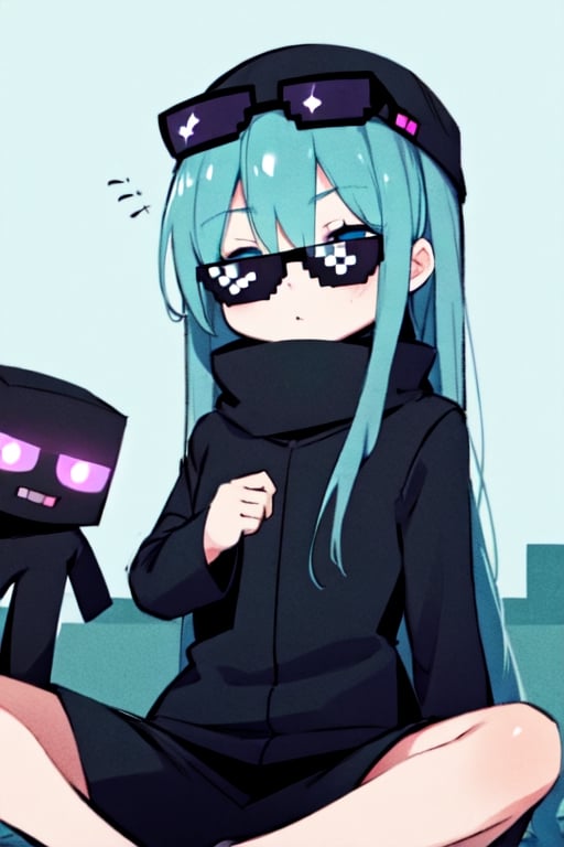 blue eyes aqua hair wearing a long black enderman Beautiful girl with long hair black shiny eyes She is radiant in the morning in the direction of the image sitting, cute eyes, big eyes,Enderman-chan,incrsdealwithit,wear sunglasses