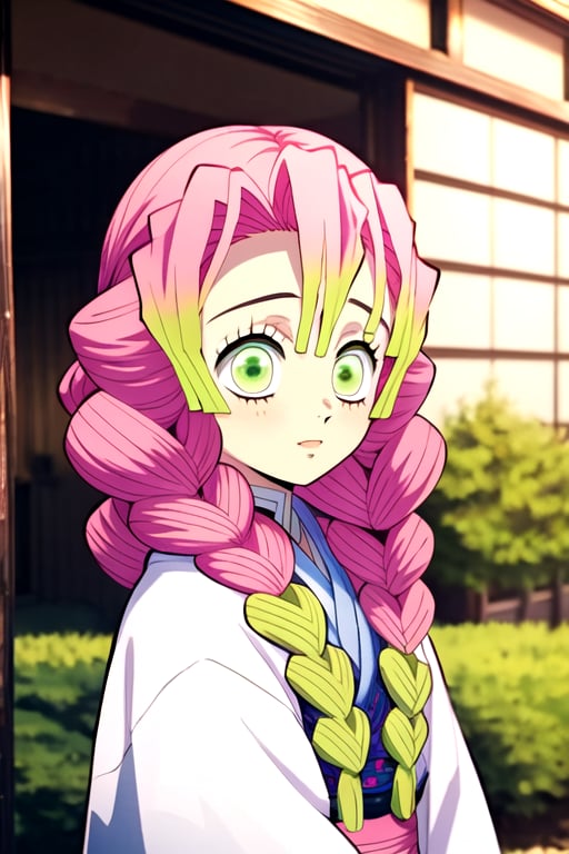 wear the mitsuri costume,pink hair,green eyes,cute,tiny girl,japanese,kimetsu no yaiba,not tied,green Eyes,wear,there is a hint of green under his hair,Mitsuri