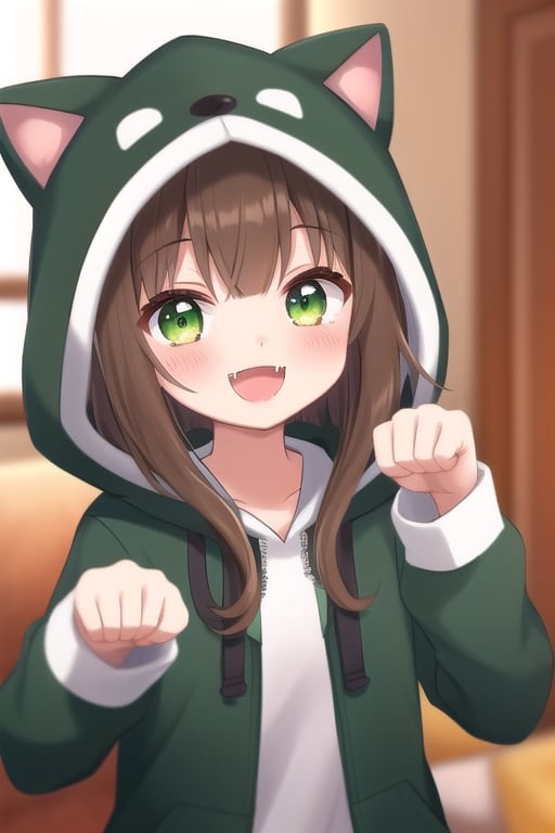 1girl, looking at viewer, blush, smile, open mouth, bangs, brown hair, long sleeves, 1boy, animal ears, brown eyes, green eyes, upper body, :d, indoors, hood, blurry background, fangs, hood up, paw pose, animal hood