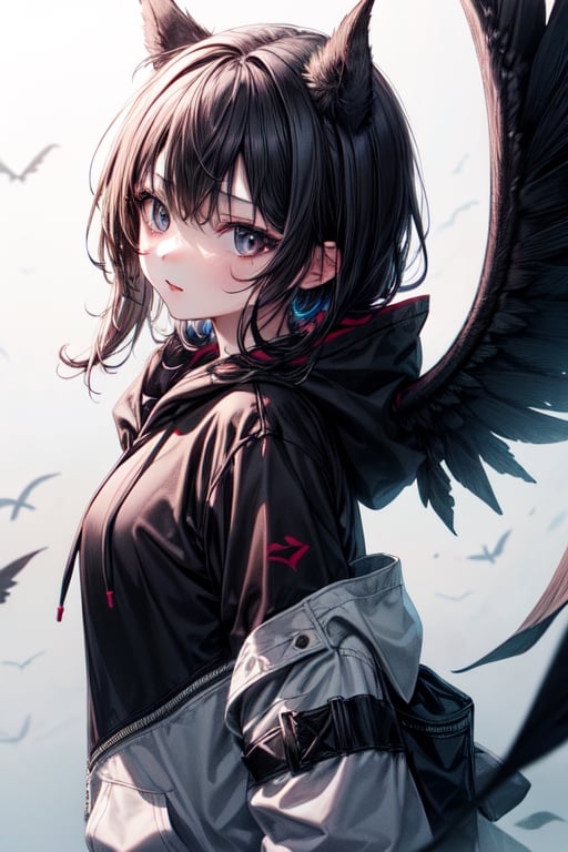 1girl, solo,black eyes,devil ears black,black wings,hoodie,black hair