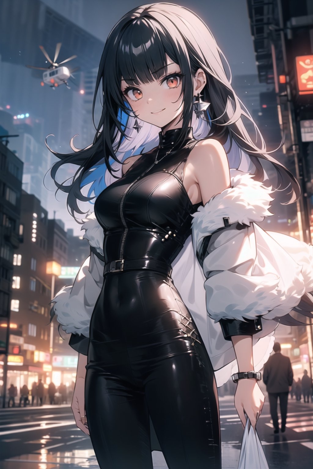 One girl(adult woman), blue/black long hair,  red eyes, serious face, smirk smile, medium breast, masterpiece,  best quality,  high quality, chlotes( white shirt, fur on the shoulder of jacket, long black pants, earrings  (dress:1.3)), background (darkness ,city building, demolished city, helicopters),SeiShonagon