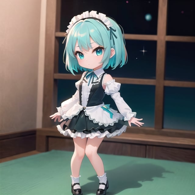 (masterpiece), full body, petite, (chibi), 1girl, solo, aqua hair color, medium hair, multicolored hair, blue eyes, depth of field,  (aqua shirt:1.2), black skirt, lace, frills, lace rims, frilled sleeves, frilled skirt, jirai, jiraikei, lolita fashion, 
city ​​background, night, indoor, sci-fi, dress