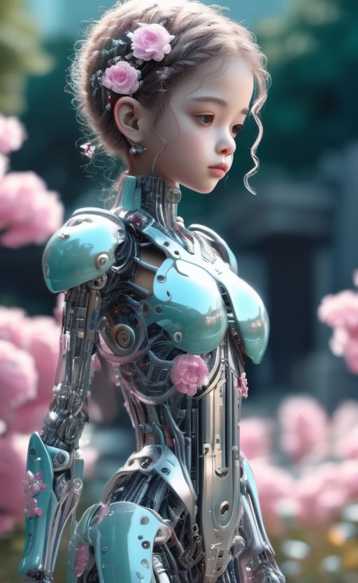 figure of biomechanical cyborg little girl made of glass, transparent, see-through intricated interal mechanical metal part, metal array, hi-tech, sci-fi, difficult, chip, circuit, post-production, elegan, teal and pearl white , ((She was picking pink flowers)) ,flower garden, outdoor,high_res,cyborg style