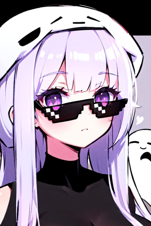 purple eyes silver hair wearing a long black enderman Beautiful girl with long hair black shiny eyes She is radiant in the morning in the direction of the image cute eyes, big eyes,incrsdealwithit,wear sunglasses,Ghast-chan