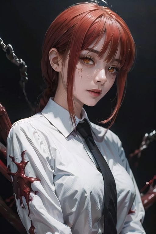 (masterpiece), best quality, high resolution, highly detailed, detailed background, perfect lighting, 1girl, bangs, medium breasts, blouse, red hair, ,csm anime style, red eyes, blood, blood in face, city, | wear black tie |,makima \(chainsaw man\),makima\(chainsaw man\),makimacsm