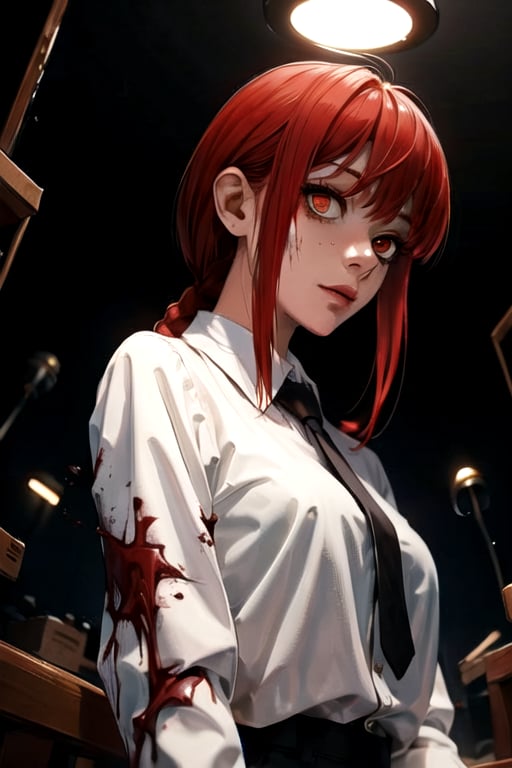 (masterpiece), best quality, high resolution, highly detailed, detailed background, perfect lighting, 1girl, bangs, medium breasts, blouse, red hair, ,csm anime style, red eyes, blood, blood in face, city, | wear black tie |,makima \(chainsaw man\),makima\(chainsaw man\),makimacsm