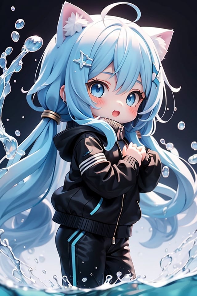 chibi cute(1 girl))(1nd girl) (blue Hair) (long Hair) ( blue Eyes) (Wearing black jacket) (Background water ) (DX12 Graphic) blue hair | 1girl | water eyes | wear underwear,face photo, background water,long hair,
long pants,cat ears