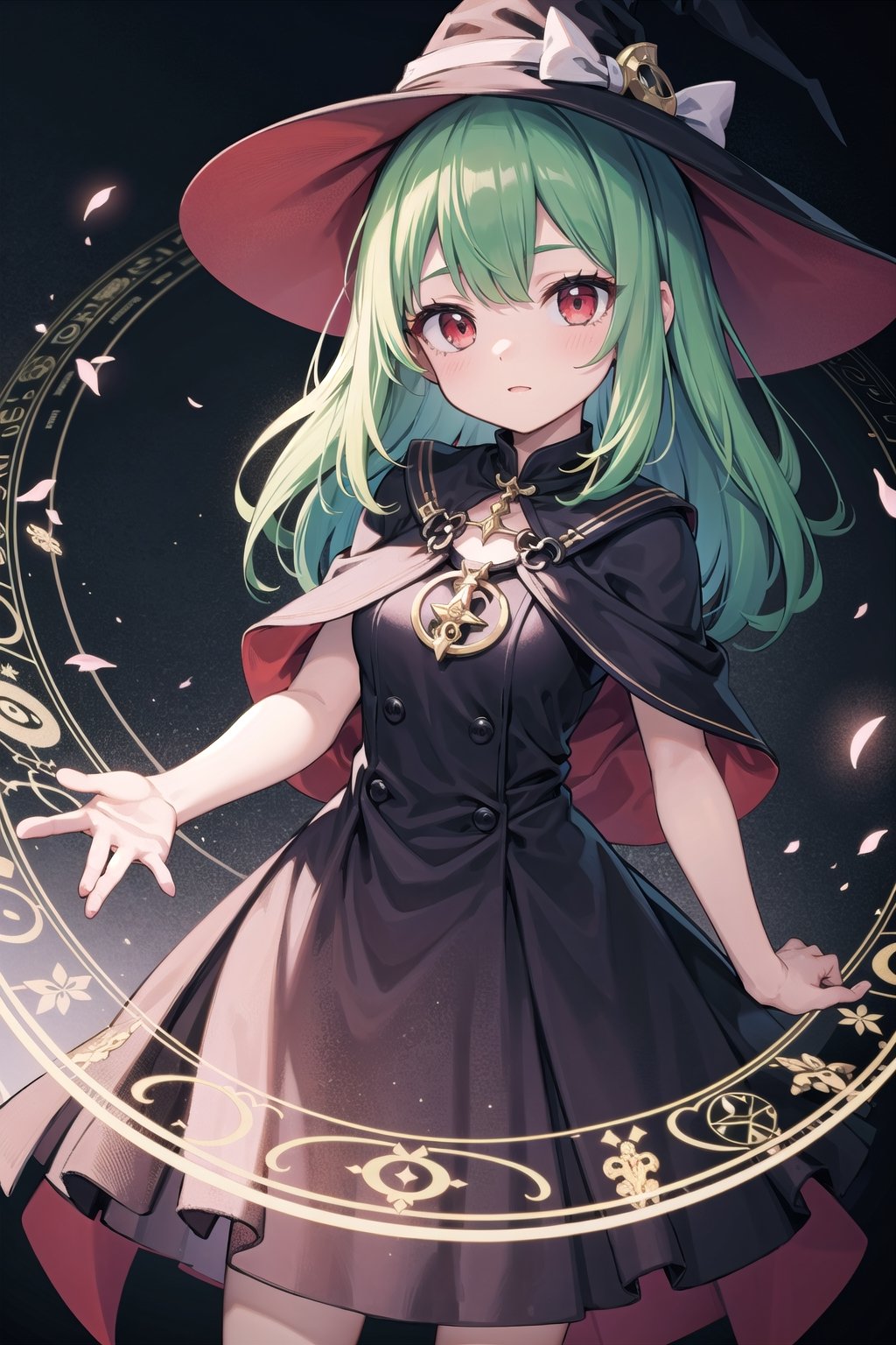 (masterpiece), 1girl, witch, magic circle, light particles,green hair,red_eyes