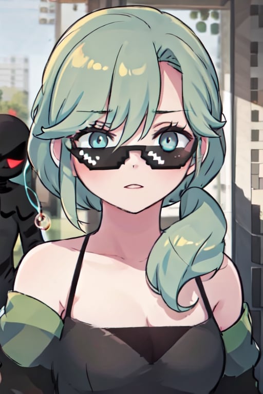 blue eyes aqua hair wearing a long black enderman Beautiful girl with long hair black shiny eyes She is radiant in the morning in the direction of the image cute eyes, big eyes,incrsdealwithit,wear sunglasses,Alex-Bubble