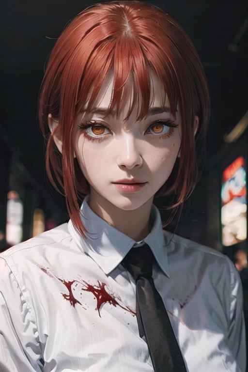 (masterpiece), best quality, high resolution, highly detailed, detailed background, perfect lighting, 1girl, bangs, medium breasts, blouse, red hair, ,csm anime style, red eyes, blood, blood in face, city, | wear black tie |,makima \(chainsaw man\),makima\(chainsaw man\),makimacsm