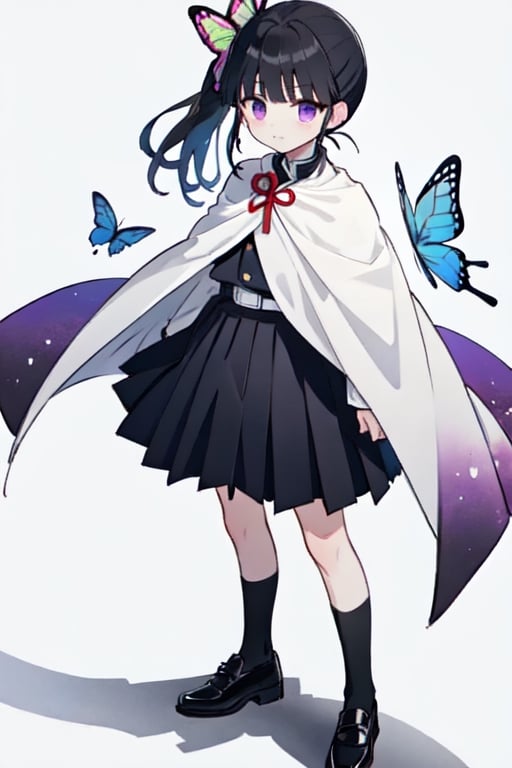 (best quality, masterpiece, ultra quality), side pony tail, black hair, bangs, purple strips, demon slayer uniform, short white cape, black shoes, butterfly on finger,kanao tsuyuri,kanaotsuyuri