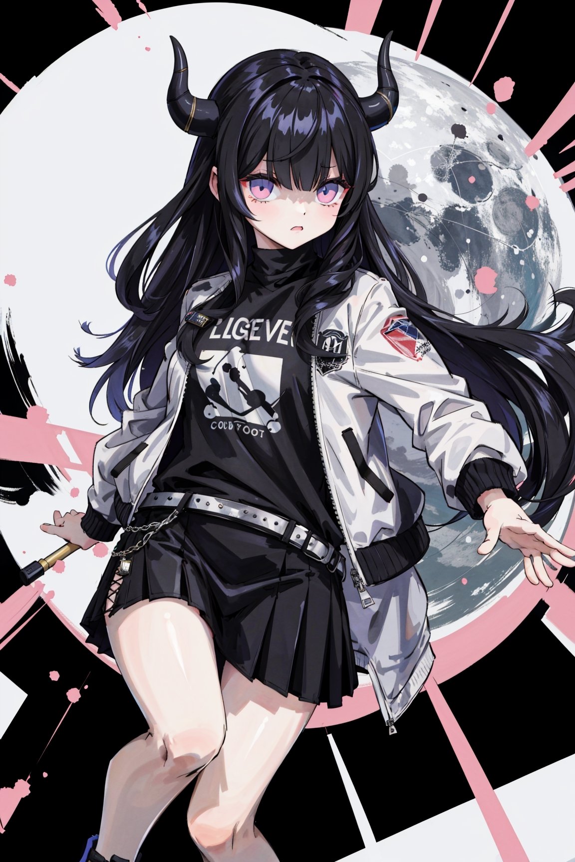 (Masterpiece) (high resolution :1.3) (female 1),,Long Hair,,black hair,,black t-shirt,,black short skirt :1.3,,white jacket,,black horns,,,( background modern :1,3 ),, blue city,, pink white moon,, a woman,Hair over eyes,long bangs reaching the eyes,blank eyes