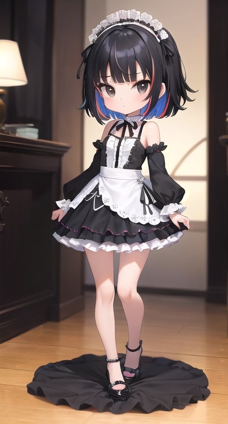 (masterpiece), full body, petite, (chibi), 1girl, solo, black hair color, medium hair, multicolored hair, black eyes, depth of field,  (black shirt:1.2), black skirt, lace, frills, lace rims, frilled sleeves, frilled skirt, jirai, jiraikei, lolita fashion, 
city ​​background, night, indoor, sci-fi, dress