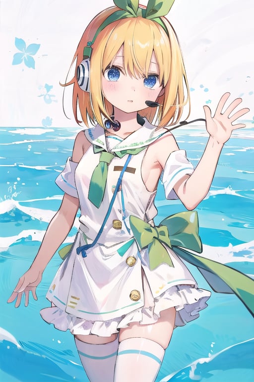 wear the yotsuba nakano costume,yellow hair,blue eyes,beutiful,tall girl,not tied,blue Eyes,there is a hint of  yellow under his hair,nakanodef,no_humans,miku nakano | 
wear a headset around your neck ,mikudef,yotsuba nakano,yotsuba nakano