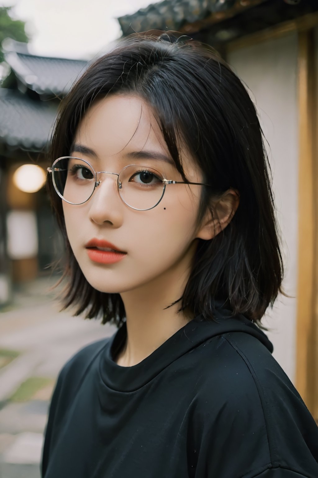 vivid girl,black hair, black eye,FilmGirl,aesthetic portrait,medium hair,japanese 
face,wear hoodie,background home,Japanese Girl - SDXL,glasses black,cute