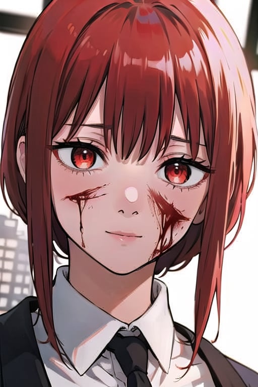 (masterpiece), best quality, high resolution, highly detailed, detailed background, perfect lighting, 1girl, bangs, medium breasts, blouse, red hair, ,csm anime style, red eyes, blood, blood in face, city, | wear black tie |,makima \(chainsaw man\)