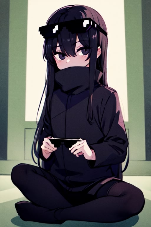 Black eyes Black hair wearing a long black enderman Beautiful girl with long hair black shiny eyes She is radiant in the morning in the direction of the image sitting, cute eyes, big eyes,Enderman-chan,incrsdealwithit,wear sunglasses