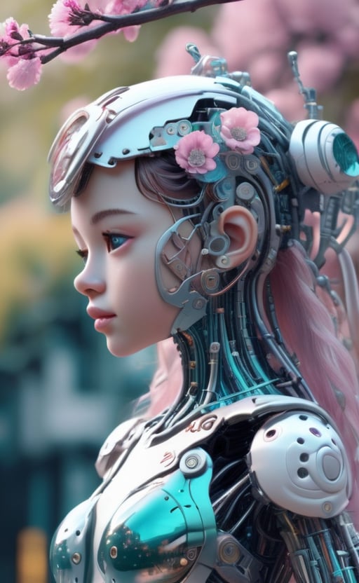 figure of biomechanical cyborg little girl made of glass, transparent, see-through intricated interal mechanical metal part, metal array, hi-tech, sci-fi, difficult, chip, circuit, post-production, elegan, teal and pearl white , ((She was picking pink flowers)) ,flower garden, outdoor,high_res,cyborg style