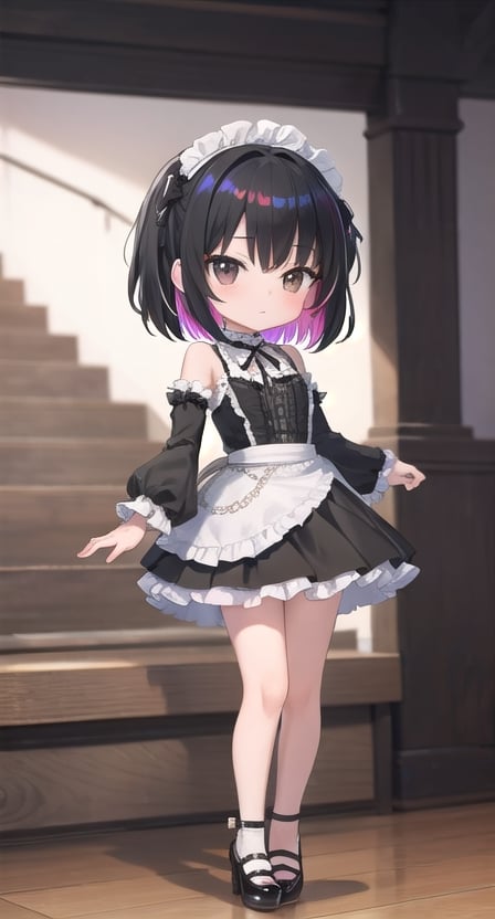 (masterpiece), full body,(chibi), 1girl, solo, black hair color, medium hair, multicolored hair, black eyes, depth of field,  (black shirt:1.2), black skirt, lace, frills, lace rims, frilled sleeves, frilled skirt, jirai, jiraikei, lolita fashion, 
city ​​background, night, indoor, sci-fi, dress