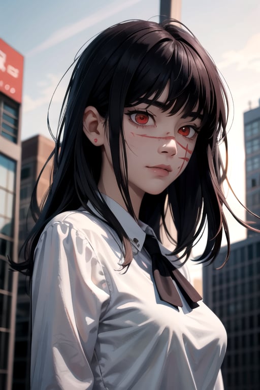 (masterpiece), best quality, high resolution, highly detailed, detailed background, perfect lighting, 1girl, bangs, medium breasts, blouse, black hair, ,csm anime style, red eyes, blood, blood in face, city, yoru \(chainsaw man\)