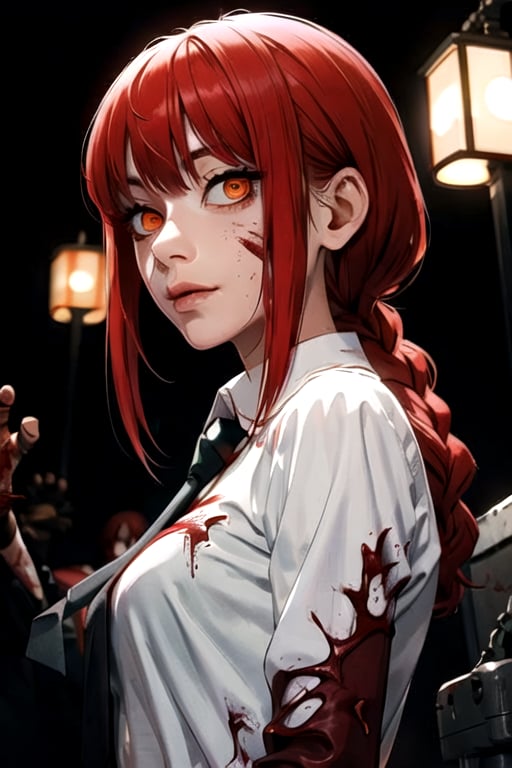 (masterpiece), best quality, high resolution, highly detailed, detailed background, perfect lighting, 1girl, bangs, medium breasts, blouse, red hair, ,csm anime style, red eyes, blood, blood in face, city, | wear black tie |,makima \(chainsaw man\),makima\(chainsaw man\),makimacsm