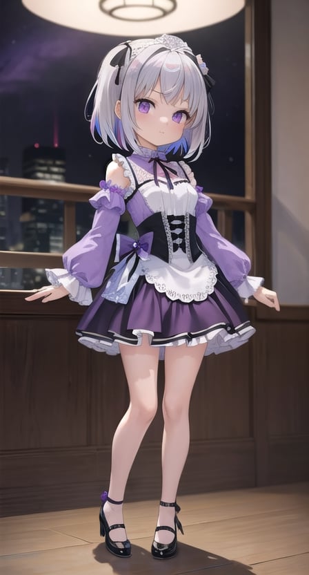 (masterpiece), full body, petite, (chibi), 1girl, solo, silver hair color, medium hair, multicolored hair, purple eyes, depth of field,  (violet shirt:1.2), black skirt, lace, frills, lace rims, frilled sleeves, frilled skirt, jirai, jiraikei, lolita fashion, 
city ​​background, night, indoor, sci-fi, dress