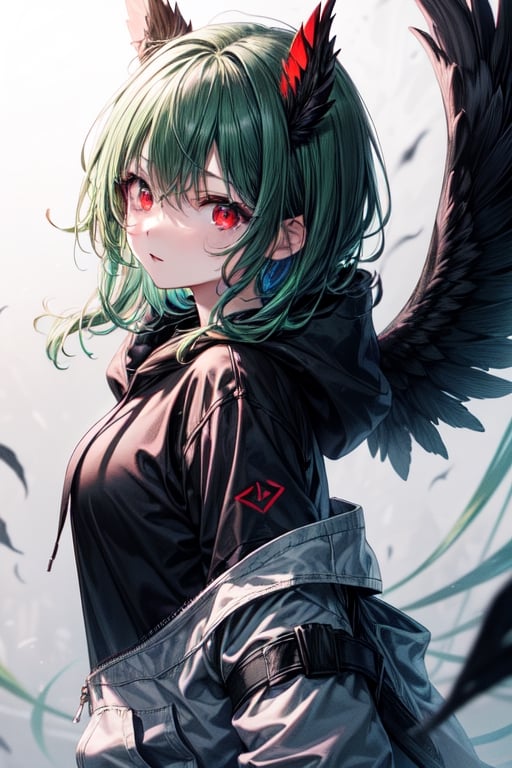 1girl, solo,red eyes,black wings,hoodie,green hair,long_hair 