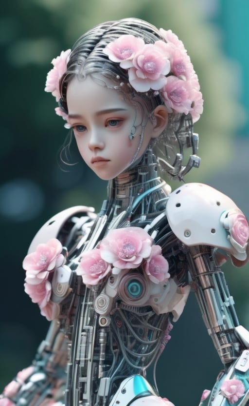 figure of biomechanical cyborg little girl made of glass, transparent, see-through intricated interal mechanical metal part, metal array, hi-tech, sci-fi, difficult, chip, circuit, post-production, elegan, teal and pearl white , ((She was picking pink flowers)) ,flower garden, outdoor,high_res,cyborg style