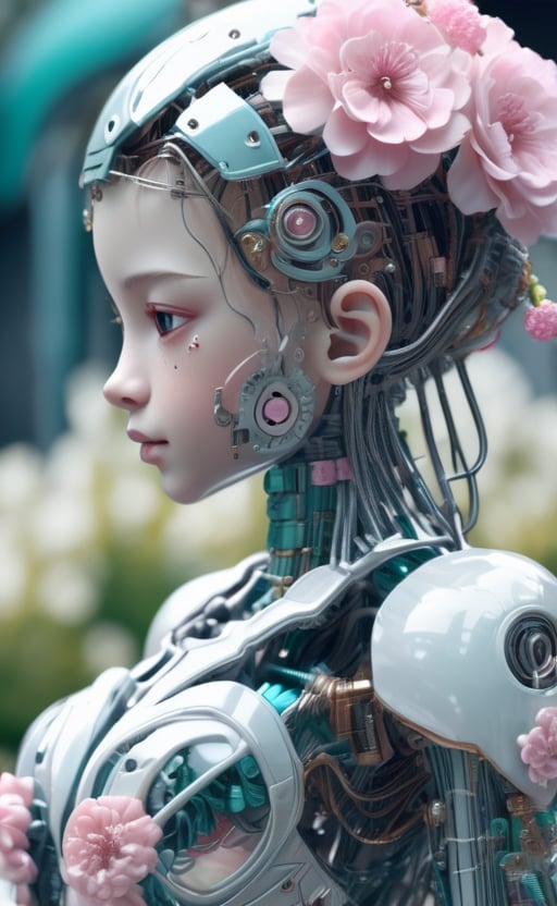 figure of biomechanical cyborg little girl made of glass, transparent, see-through intricated interal mechanical metal part, metal array, hi-tech, sci-fi, difficult, chip, circuit, post-production, elegan, teal and pearl white , ((She was picking pink flowers)) ,flower garden, outdoor,high_res,cyborg style