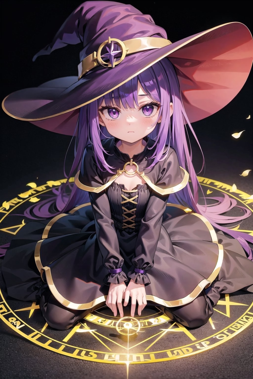 (masterpiece), 1girl, witch, magic circle, light particles,dark purple hair,purple_eyes, no humans,long hair